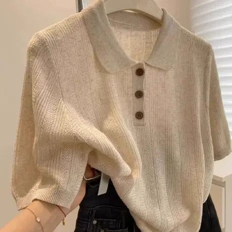 冰丝针织polo衫正肩短袖t恤女夏季设计高级感超好看独特漂亮上衣图片