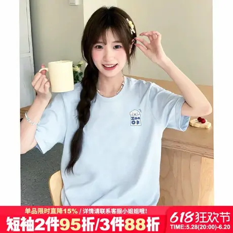 ulzzang小众可爱风韩系奶呼呼天蓝色短袖t恤女宽松百搭纯棉上衣夏商品大图