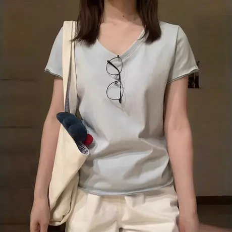卷边设计感小众V领正肩短袖T恤女夏季修身韩版甜辣chic别致上衣潮商品大图