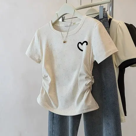 圆领正肩褶皱收腰短袖t恤女2025夏季新款甜妹风彩虹波点洋气上衣商品大图