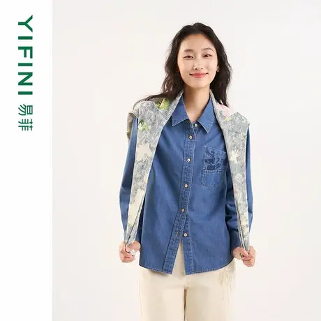 [专柜同款]Yifini/易菲洗水绣花纯棉小个子通勤宽松短款牛仔衬衫商品大图