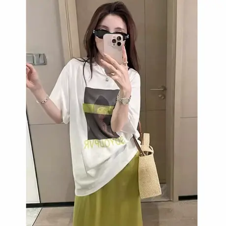 爆款欧货印花半袖t恤女2025新款宽松中长款显瘦遮肉短袖潮流上衣商品大图
