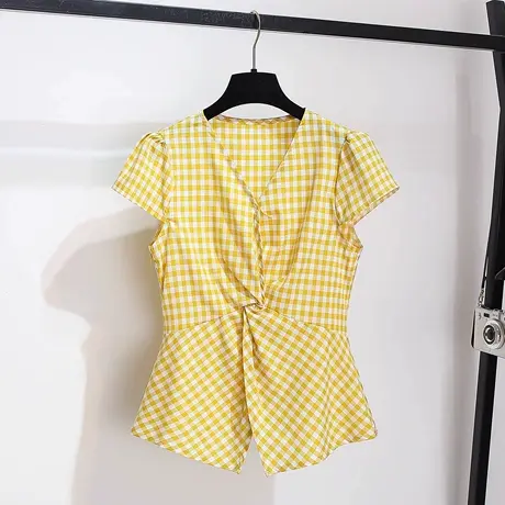 拉夏贝尔黄色格子短袖衬衫v领小衫女2025夏季新薄款下摆开叉上衣商品大图