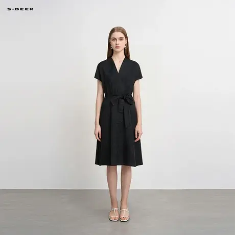 sdeer圣迪奥女装OL风V领收腰垂坠短袖连衣裙S223Z12T9商品大图