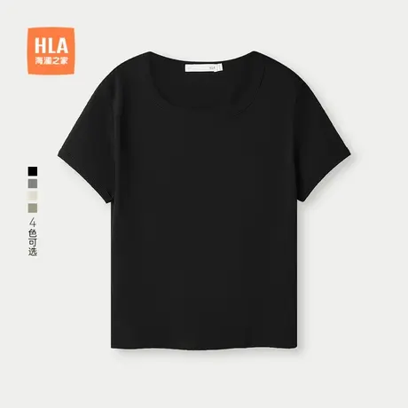 HLA/海澜之家时尚短袖T恤2025春夏季新款圆领黑色微弹直筒短t女装商品大图