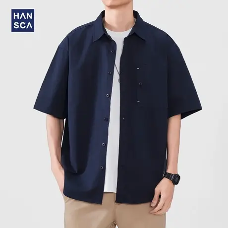 hansca简约纯棉短袖衬衫男2025夏季日系复古潮流百搭透气休闲衬衣商品大图