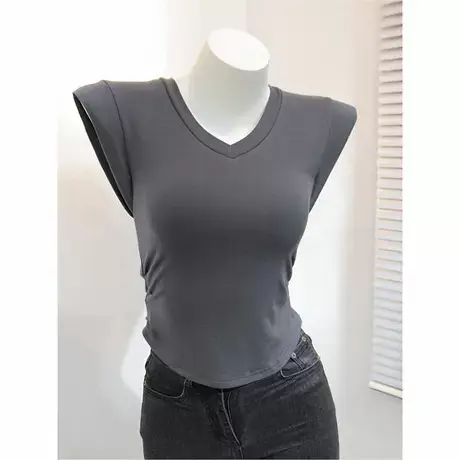 短款收腰v领无袖t恤女2022夏季新款韩版性感辣妹修身显瘦体恤上衣图片