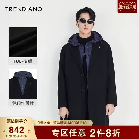 TRENDIANO官方潮牌秋季新款时尚休闲假两件毛呢大衣长款连帽外套图片
