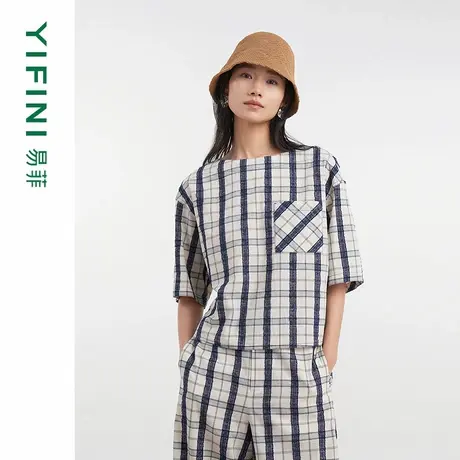 [专柜同款]Yifini/易菲木棉一字领格纹宽松短款文艺小衫D05S1015商品大图