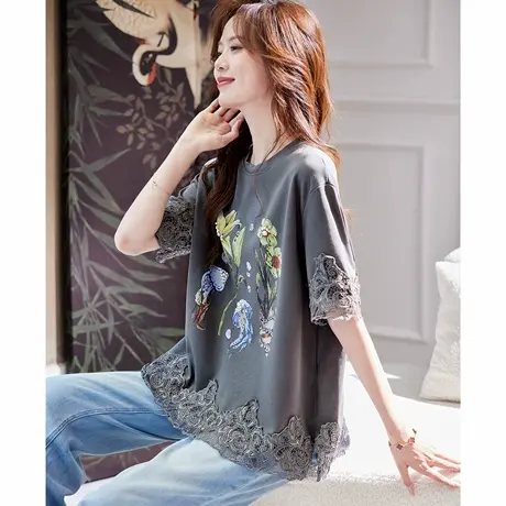 宝诗黎蕾丝拼接印花短袖T恤女2025夏季韩版洋气百搭棉质休闲上衣商品大图