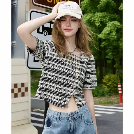 a02条纹方领法式收腰短款女式T恤夏季优雅气质小香风短袖商品大图