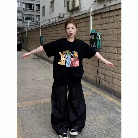 纯棉美式黑色短袖t恤女2025年新款爆款设计感小众宽松半袖上衣潮商品大图