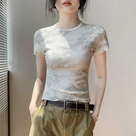 扎染圆领正肩小众短袖T恤女夏季外穿设计感小众独特修身高级上衣图片