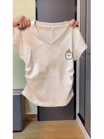 简约风短款收腰T恤女日系chic小个子V领正肩短袖ins潮飞飞袖上衣商品大图