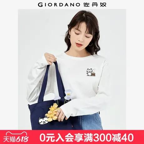 佐丹奴联名t恤女新款纯棉圆领上衣猫咪印花长袖打底衫女99393330图片