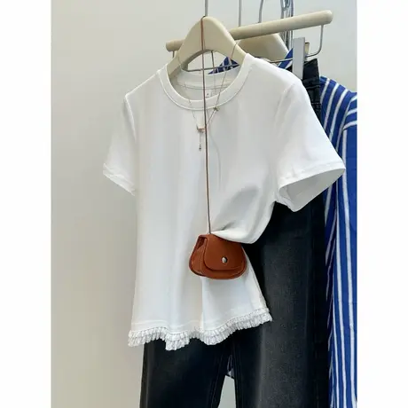 蕾丝花边拼接短袖T恤女2025新款夏季修身正肩打底衫木耳边上衣潮商品大图