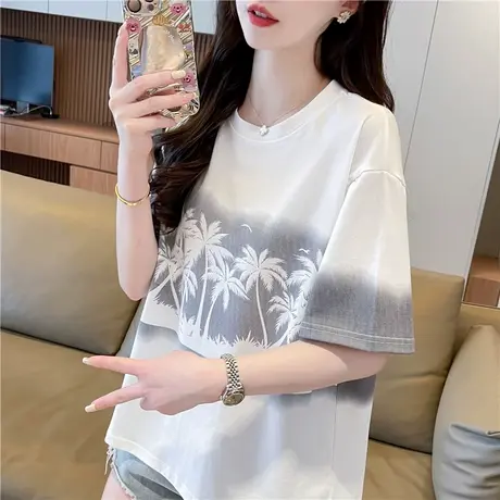 渐变色扎染短袖t恤女夏季韩版宽松大码女装设计感小众涂鸦上衣服图片