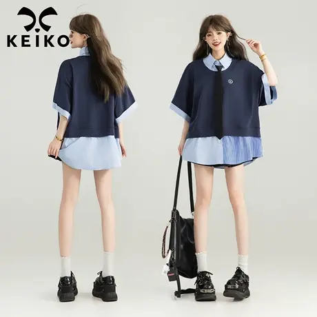 KEIKO 元气轻活风条纹拼接假两件短袖衬衫25夏季学院减龄宽松上衣商品大图
