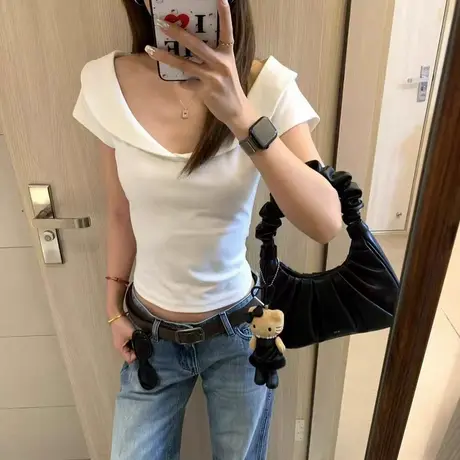 大领口露锁骨短袖T恤女夏季修身韩版小个子短款正肩翻领半袖上衣商品大图