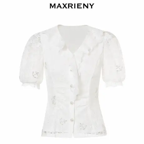 【奥莱】MAXRIENY海军风蕾丝雪纺衫夏季精致浪漫上衣女图片
