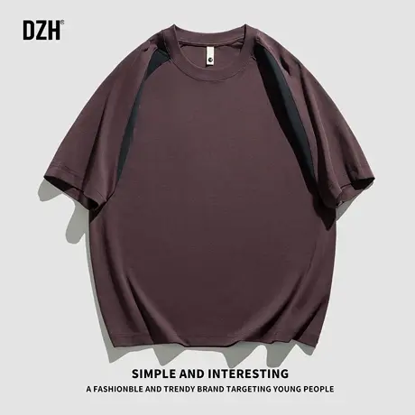 男士暗紫色t恤男美式潮牌2025新款半袖圆领上衣百搭拼接短袖男款图片