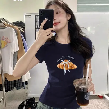 超火cec藏蓝色T恤女漂亮修身短款甜辣风独特短袖气质小个子上衣服商品大图