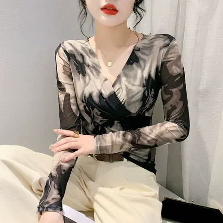 复古扎染印花T恤女长袖性感网纱交叉V领上衣洋气修身显瘦打底衫秋商品大图