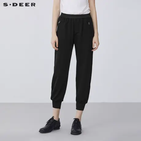 sdeer圣迪奥松紧插袋罗纹拼接黑色九分运动裤女S21380809图片