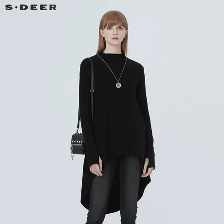 sdeer圣迪奥女装冬季纯黑不规则黑色长款针织衫毛衣S20483525图片