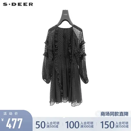 sdeer圣迪奥女装圆领波点抽褶不规则连衣裙S221Z1293图片
