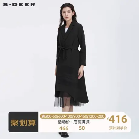 sdeer圣迪奥女装西装领双排扣收腰不规则长款风衣S22181806图片
