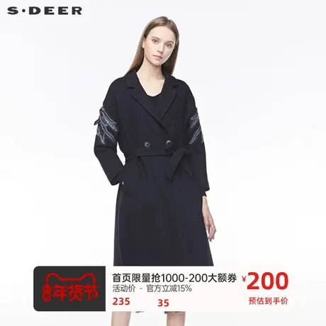 sdeer圣迪奥女装休闲平驳领字母绣花开衩收腰毛呢大衣S19481851图片