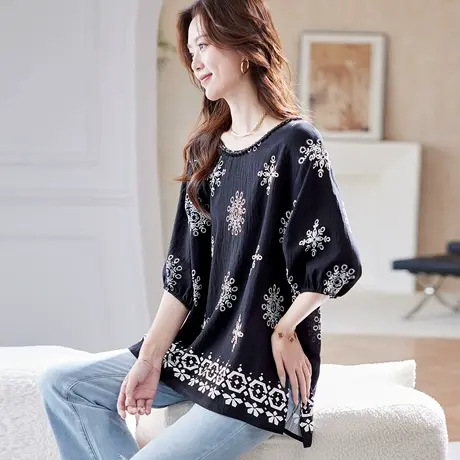 宝诗黎七分袖印花宽松衬衫女2025夏季时尚洋气减龄百搭休闲衬衣图片