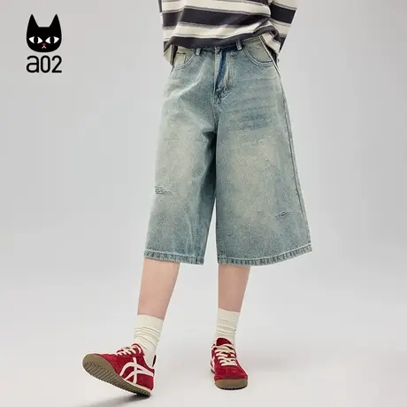 a02牛仔短裤七分裤子女2025春季新款宽松高腰水洗磨破设计感中裤商品大图