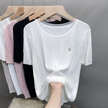 冰丝肌理蕾丝针织衫女2025夏装新款圆领外穿上衣洋气薄短袖t恤衫商品大图