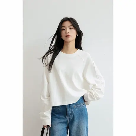 弥古白色插肩袖长袖短款卫衣t恤女春秋高级感小个子宽松休闲上衣图片