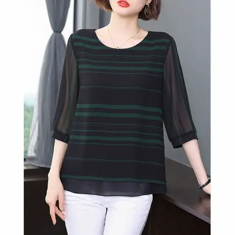 雪纺衫女短袖夏季新款加肥加大码女装宽松洋气高级感条纹小衫上衣商品大图