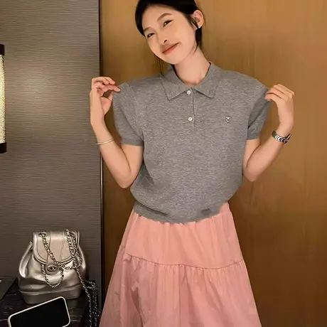 独特漂亮超好看Polo领冰丝针织短袖t恤女夏季设计感小众正肩上衣图片