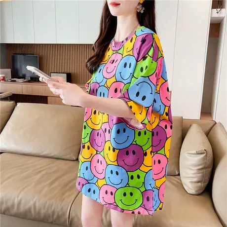 小众圆领t恤女宽松慵懒风大码短袖洋气复古ins设计感中长款上衣商品大图