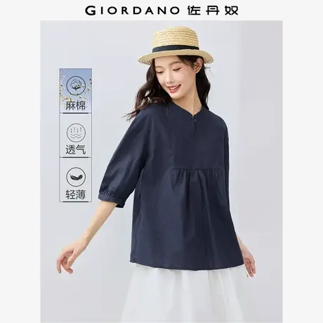 佐丹奴衬衫女装天然棉麻收褶小立领中袖梭织衬衫 13345315商品大图