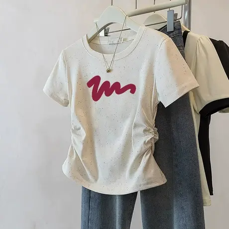 甜妹风夏季彩虹波点褶皱收腰短袖t恤女2025新款洋气正肩圆领上衣商品大图