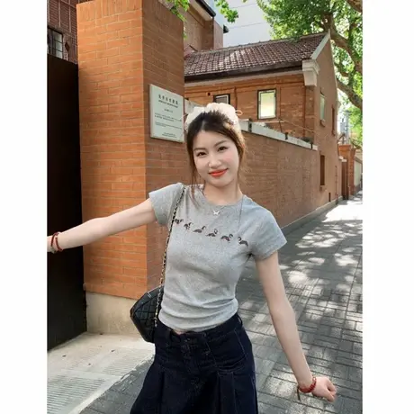 圆领灰色正肩短款短袖t恤女装2025夏新款独特小众印花修身上衣ins商品大图