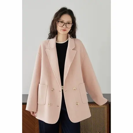 嘉茱莉秋冬高级感气质羊毛双面毛呢外套女小个子短款西装式大衣图片