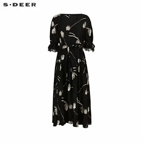 sdeer圣迪奥女装田园风圆领印花收腰网纱连衣裙S242Z12K7商品大图