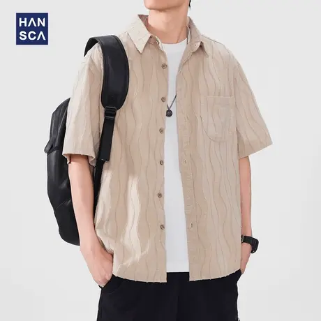 hansca立体条纹提花短袖衬衫男2025夏季纯棉轻薄透气沙滩衬衣外套商品大图