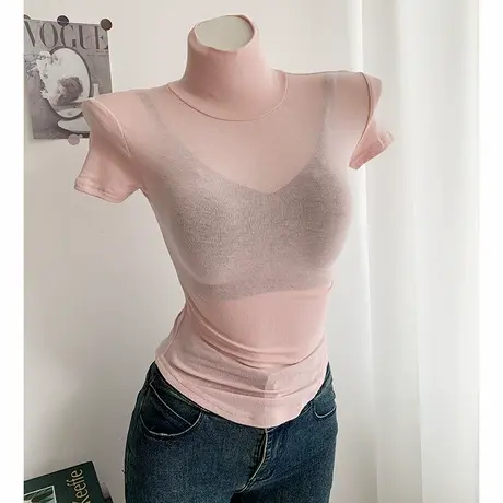 纯欲性感紧身高领显瘦弹力显胸气质百搭高领短袖T恤女商品大图