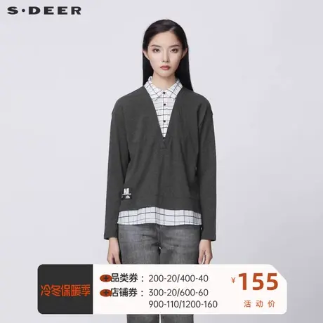 sdeer圣迪奥女装休闲翻领格纹字母假两件长袖T恤S21380212🍊商品大图