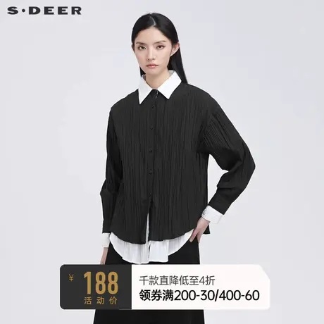 sdeer圣迪奥冬装休闲翻领肌理褶皱撞色拼接衬衫S21480511🐩商品大图