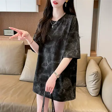 扎染短袖t恤女夏季韩版宽松大码女装中长款设计感小众中国风上衣商品大图