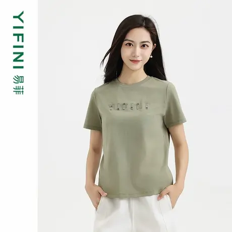 Yifini/易菲宽松索罗娜棉立体剪花钉珠短袖T恤女2025夏季新款上衣图片
